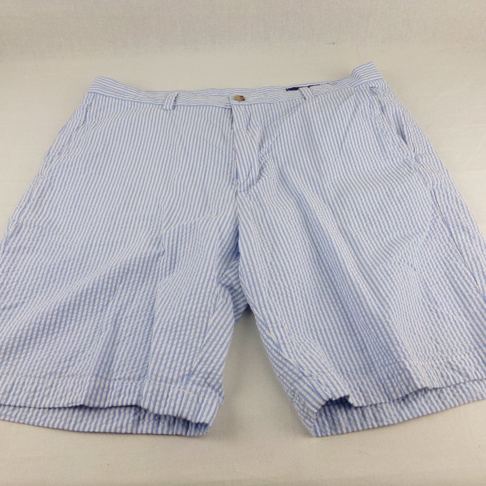 Vineyard Vines Seersucker Breaker Shorts 38 Blue Striped 9" inseam Flat Front